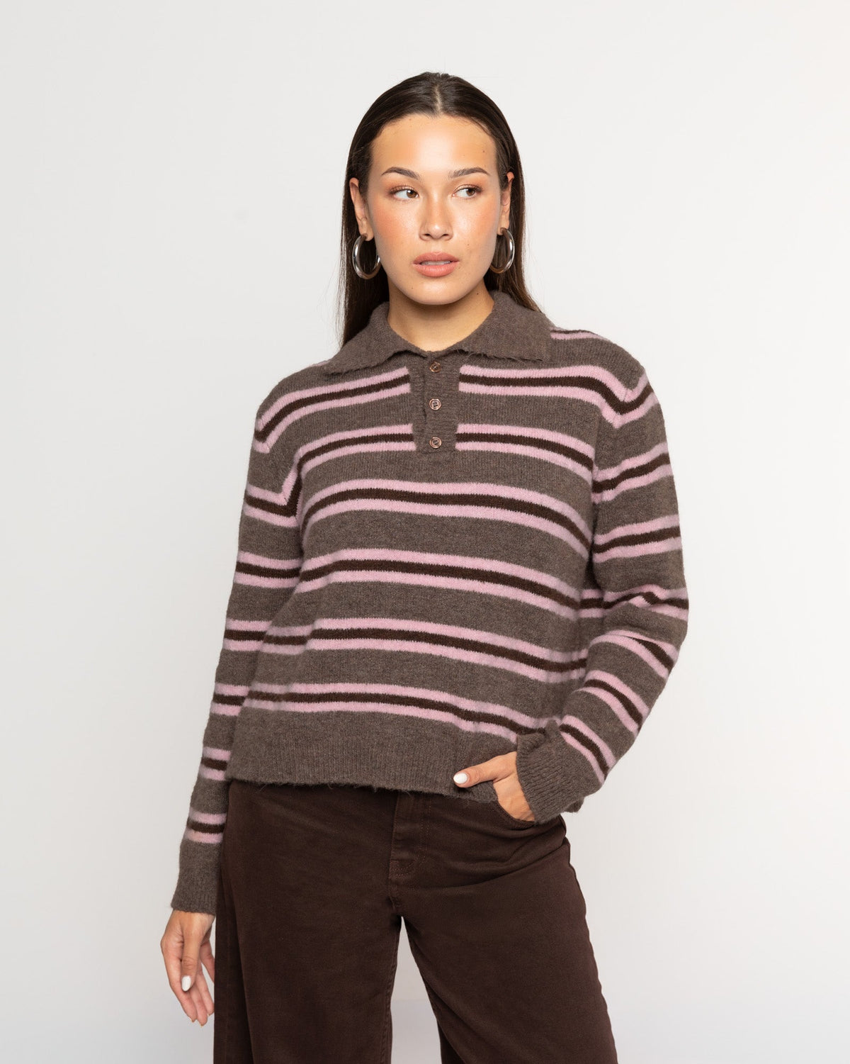 STRIPE KNITTED POLO ROZE