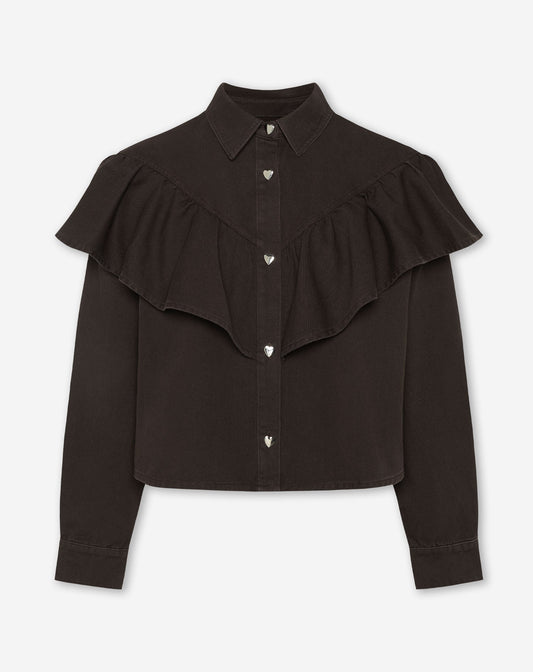 RUFFLE DENIM BLOUSE BRUIN