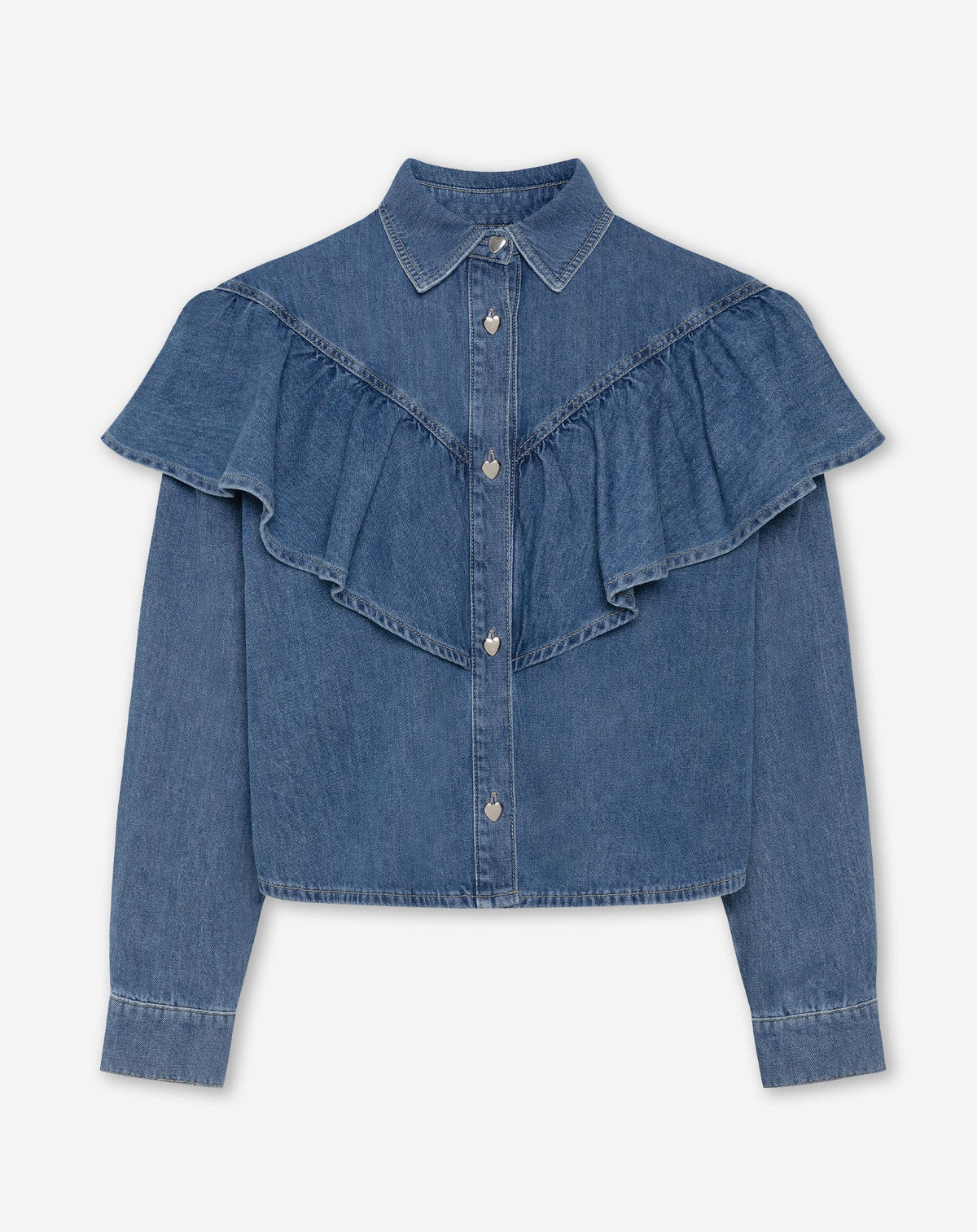 RUFFLE DENIM BLOUSE MID BLAUW