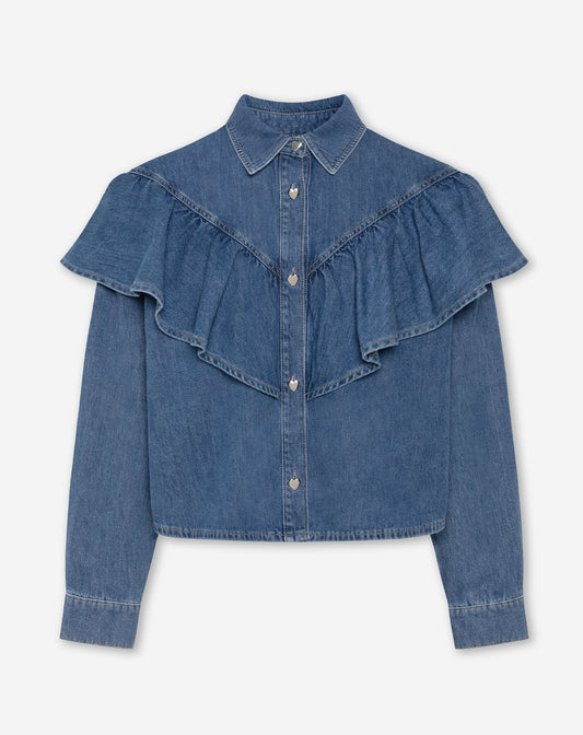 RUFFLE DENIM BLOUSE MID BLAUW