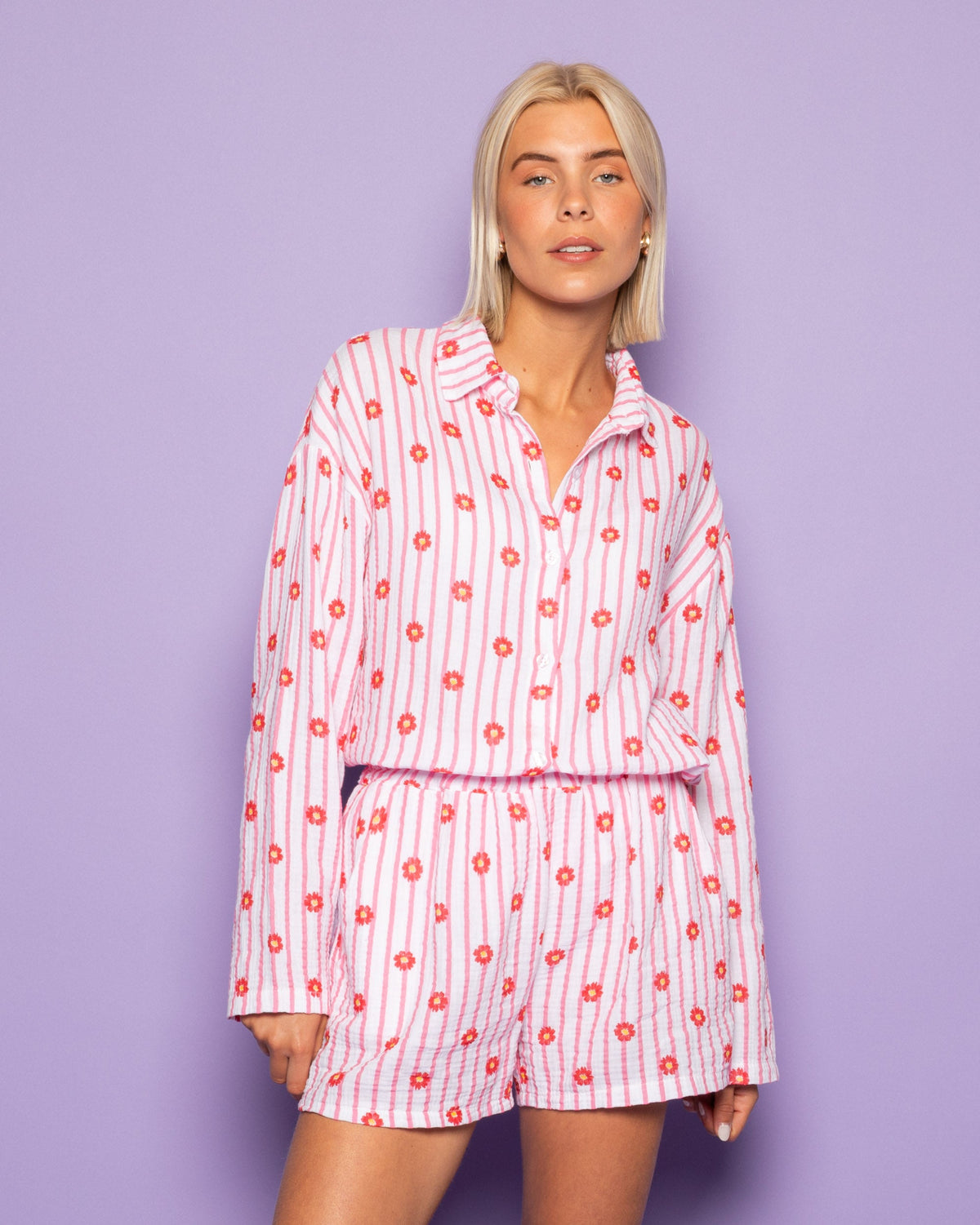 FLOWER STRIPE MOUSSELINE SHORTS ROZE