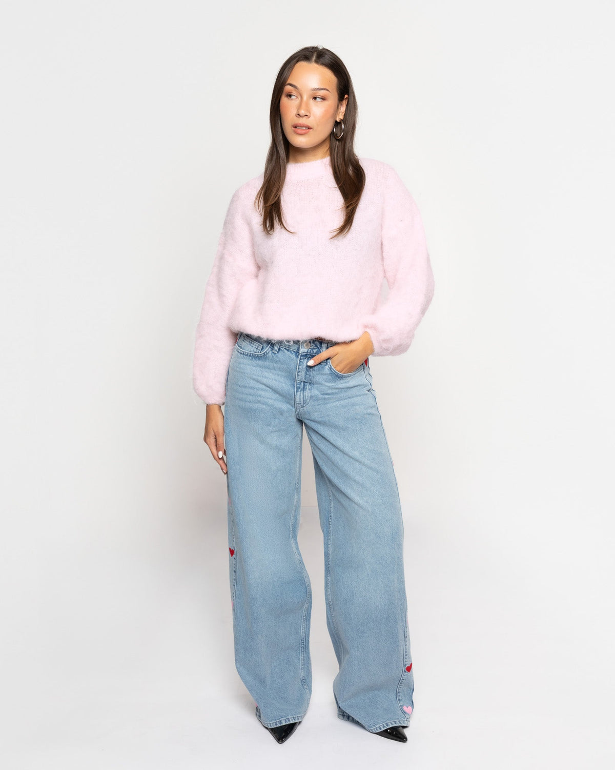 SIDE HEART WIDE LEG JEANS ROOD ROZE