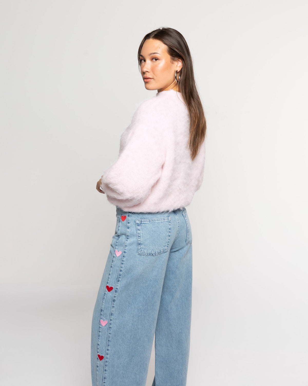 SIDE HEART WIDE LEG JEANS ROOD ROZE