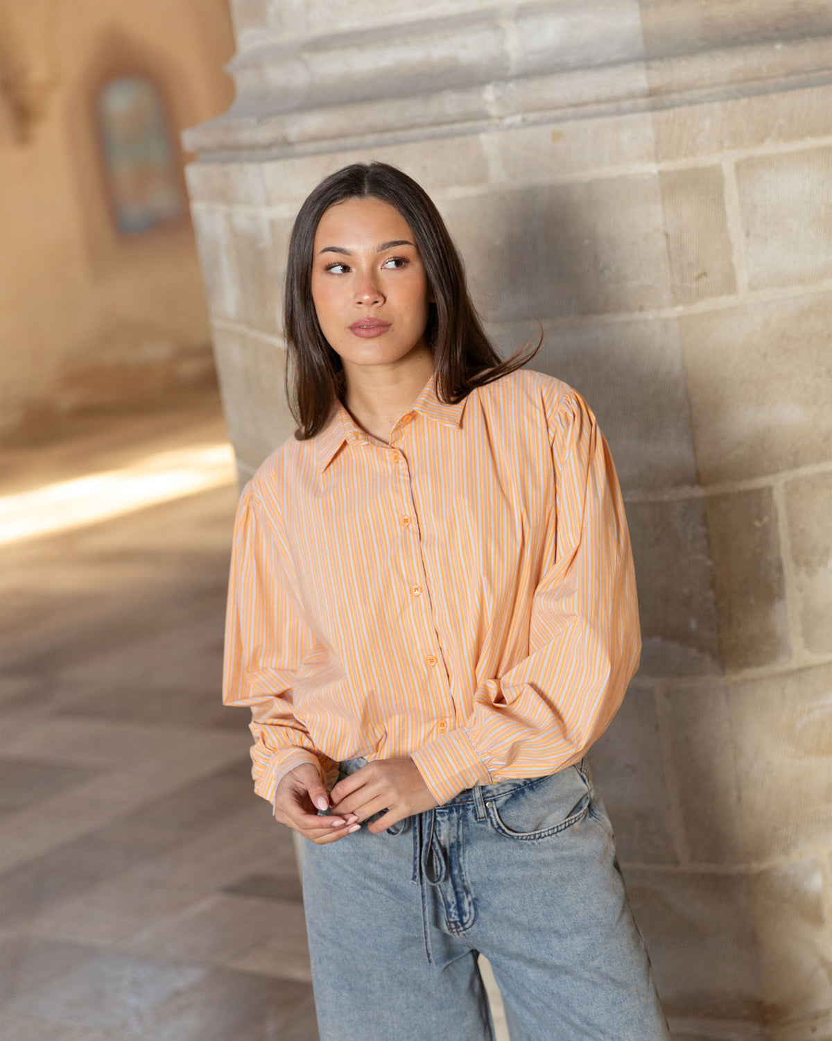 BUBBLE HEM BLOUSE ORANJE STRIPE