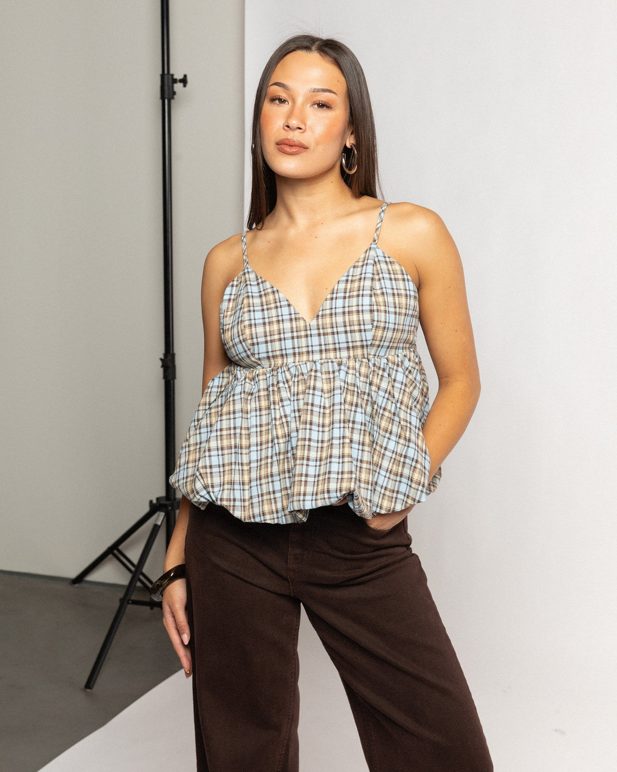 CYRA TOP BLAUW CHECK