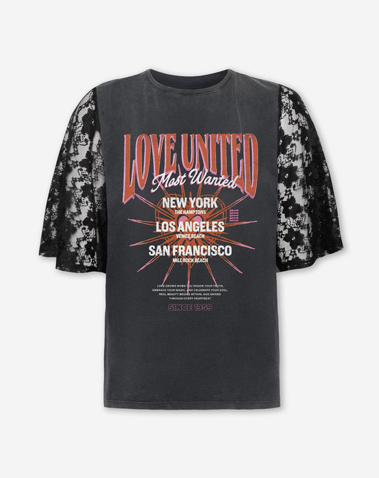 LOVE UNITED LACE SLEEVE TEE ACID GRIJS