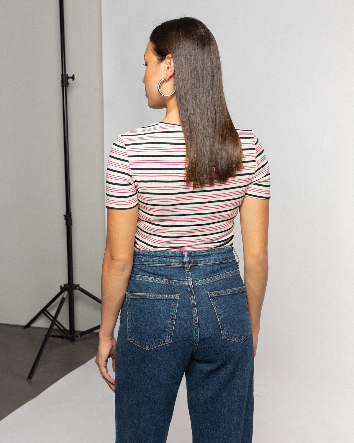 RIBBED FITTED TOP STRIPE CRÈME FUCHSIA