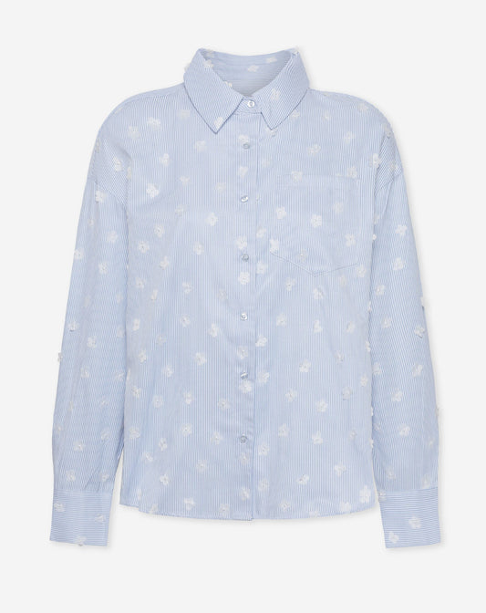 OVERSIZED FLOWER EMBELLISHED STRIPE BLOUSE  BLAUW