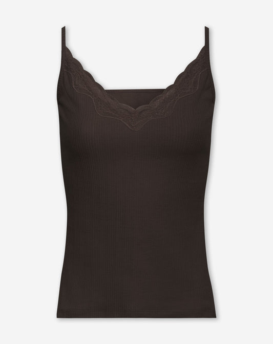 RIB LACE TAPE SINGLET DONKERBRUIN