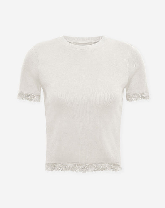 SHORT SLEEVE LACE TAPE RIB TOP CRÈME
