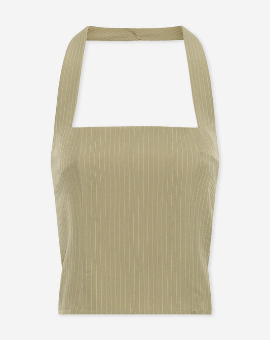 SELLAH HALTER TOP PIN STRIPE OLIJFGROEN