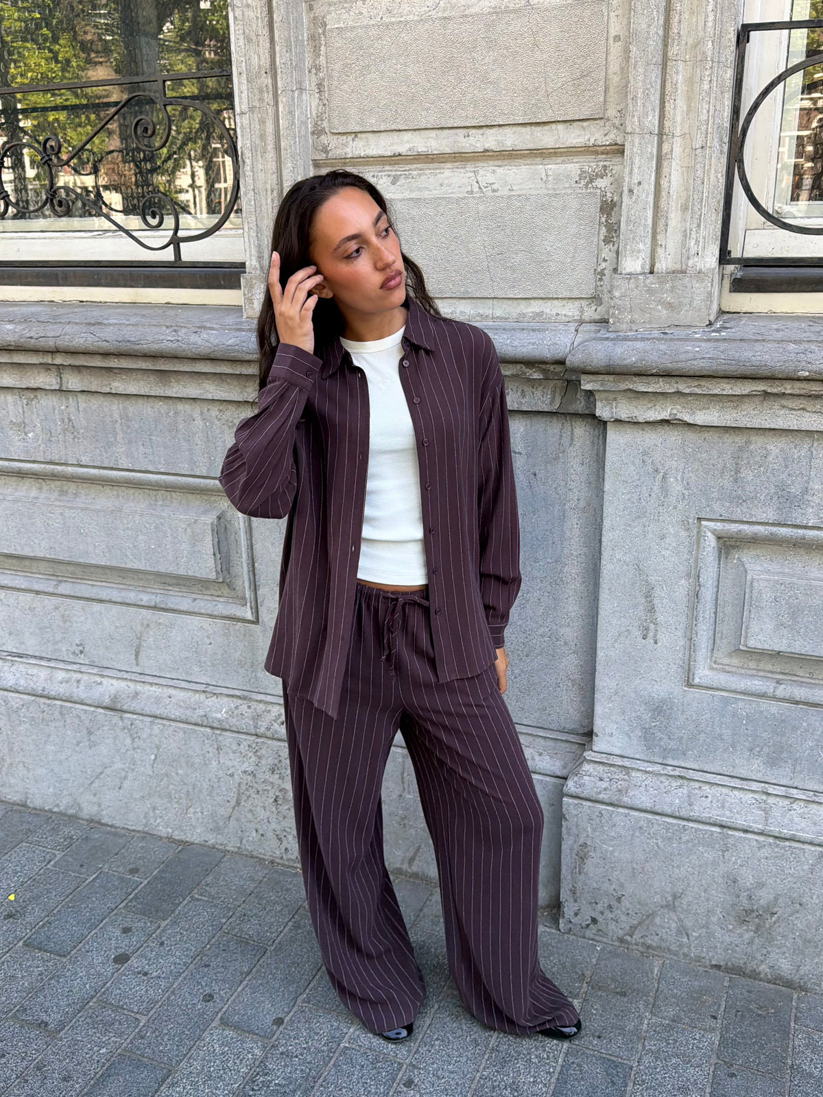 RHODE LINEN OVERSIZED BLOUSE PIN STRIPE BRUIN
