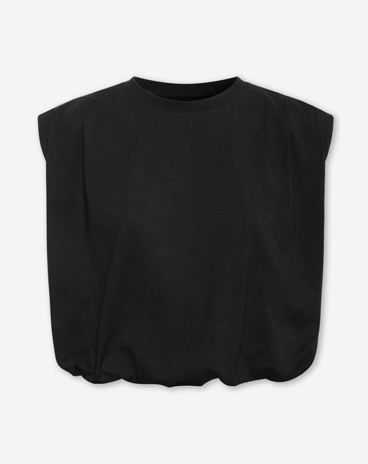 PADDED SHOULDER BUBBLE HEM TEE ZWART