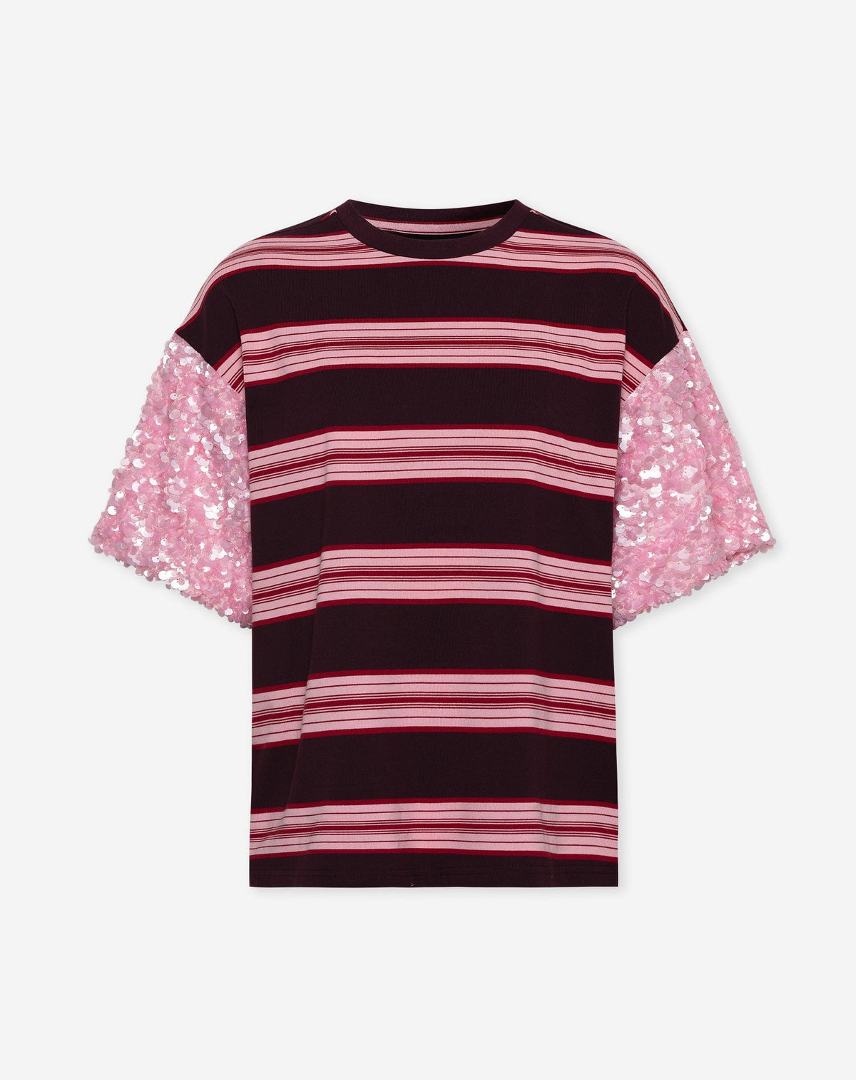 MIKI SEQUIN SLEEVE TEE STRIPED BURGUNDY