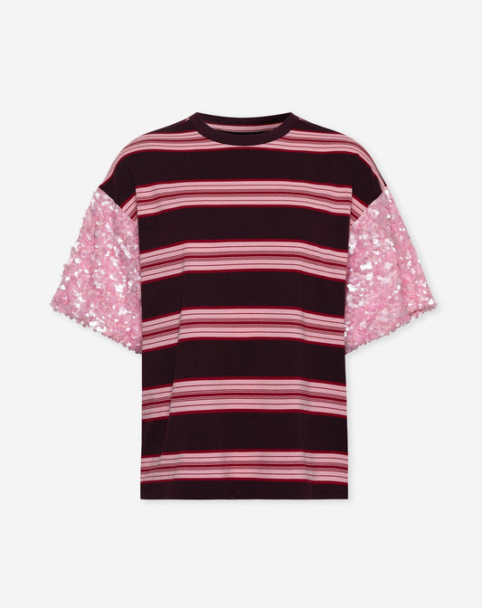 MIKI SEQUIN SLEEVE TEE STRIPED BURGUNDY