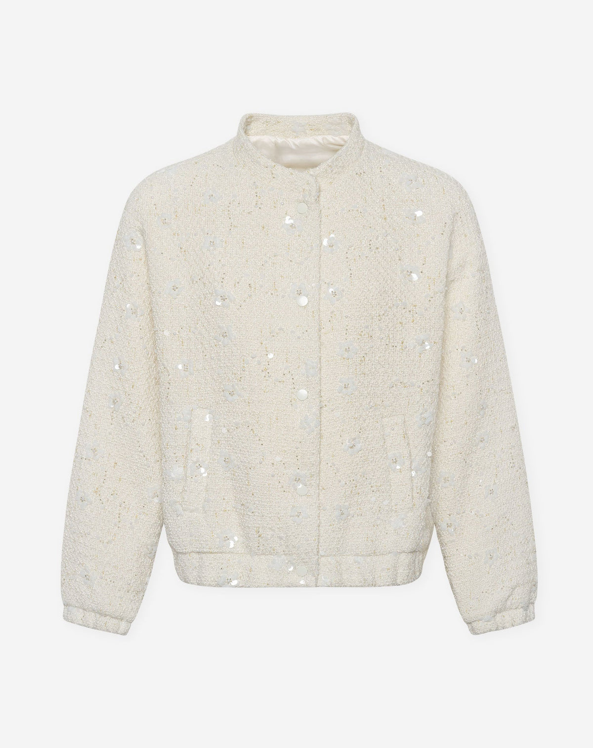 FLOWER SEQUIN BOUCLE BOMBER JACKET CRÈME