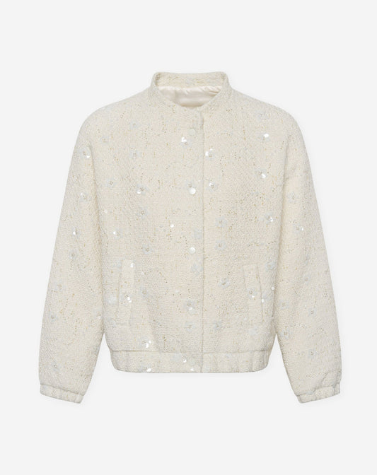FLOWER SEQUIN BOUCLE BOMBER JACKET CRÈME