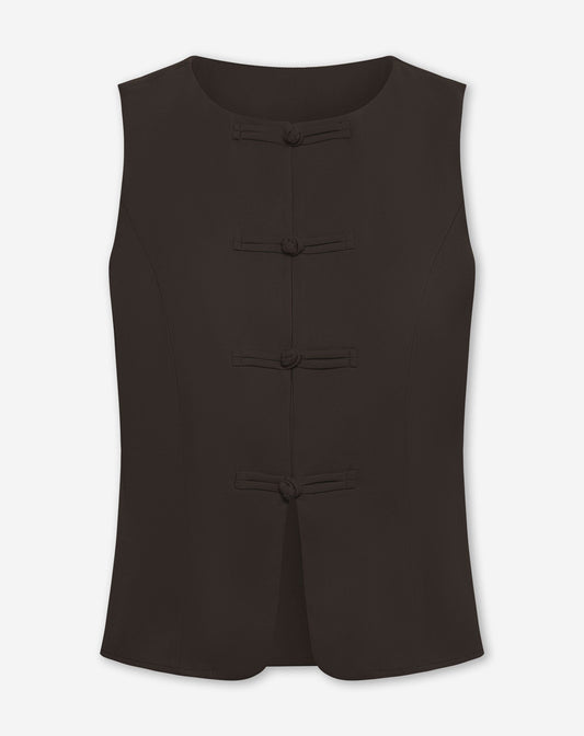 FLYNN MANDARIN GILET DONKERBRUIN