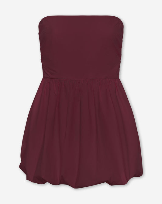 PEGGY POPLIN STRAPLESS BUBBLE HEM DRESS BURGUNDY