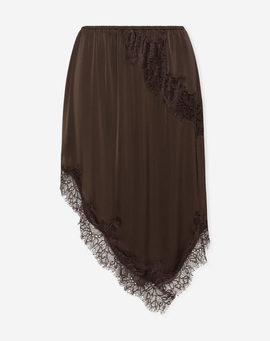 STACEY A-SYMMETRIC SATIN LACE SKIRT BRUIN