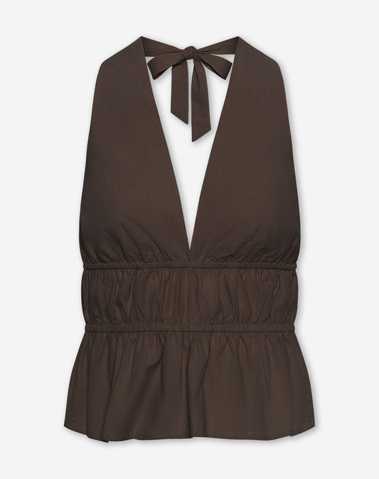 KIRA PEPLUM HALTER TOP BRUIN