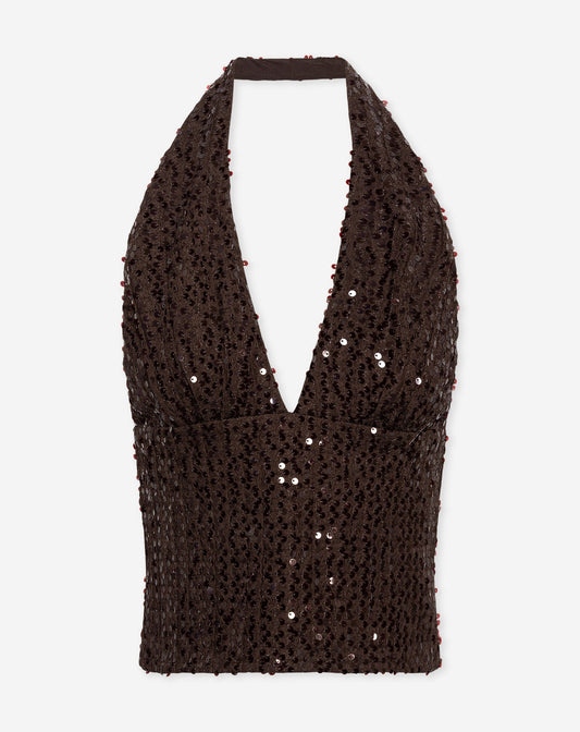LOVA SEQUINS HALTER TOP BRUIN