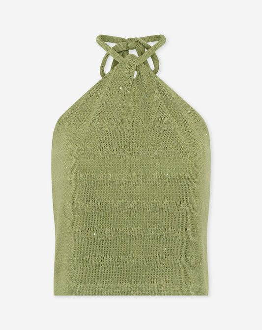 RICKY KNITTED SEQUINS HALTER TOP PISTACHE