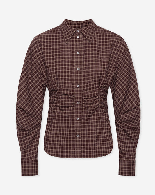 RAYA GATHERED WAIST CHECK BLOUSE BURGUNDY