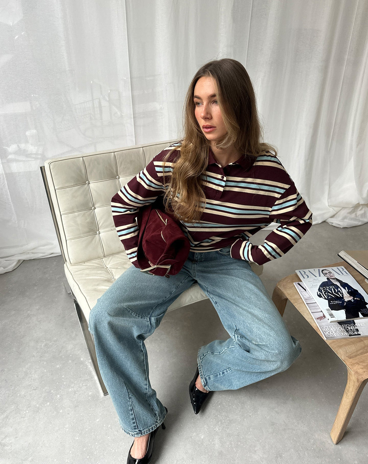 SHELLY STRIPED LONG SLEEVE OVERSIZED POLO BURGUNDY