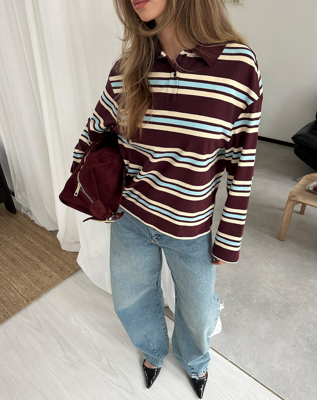 SHELLY STRIPED LONG SLEEVE OVERSIZED POLO BURGUNDY