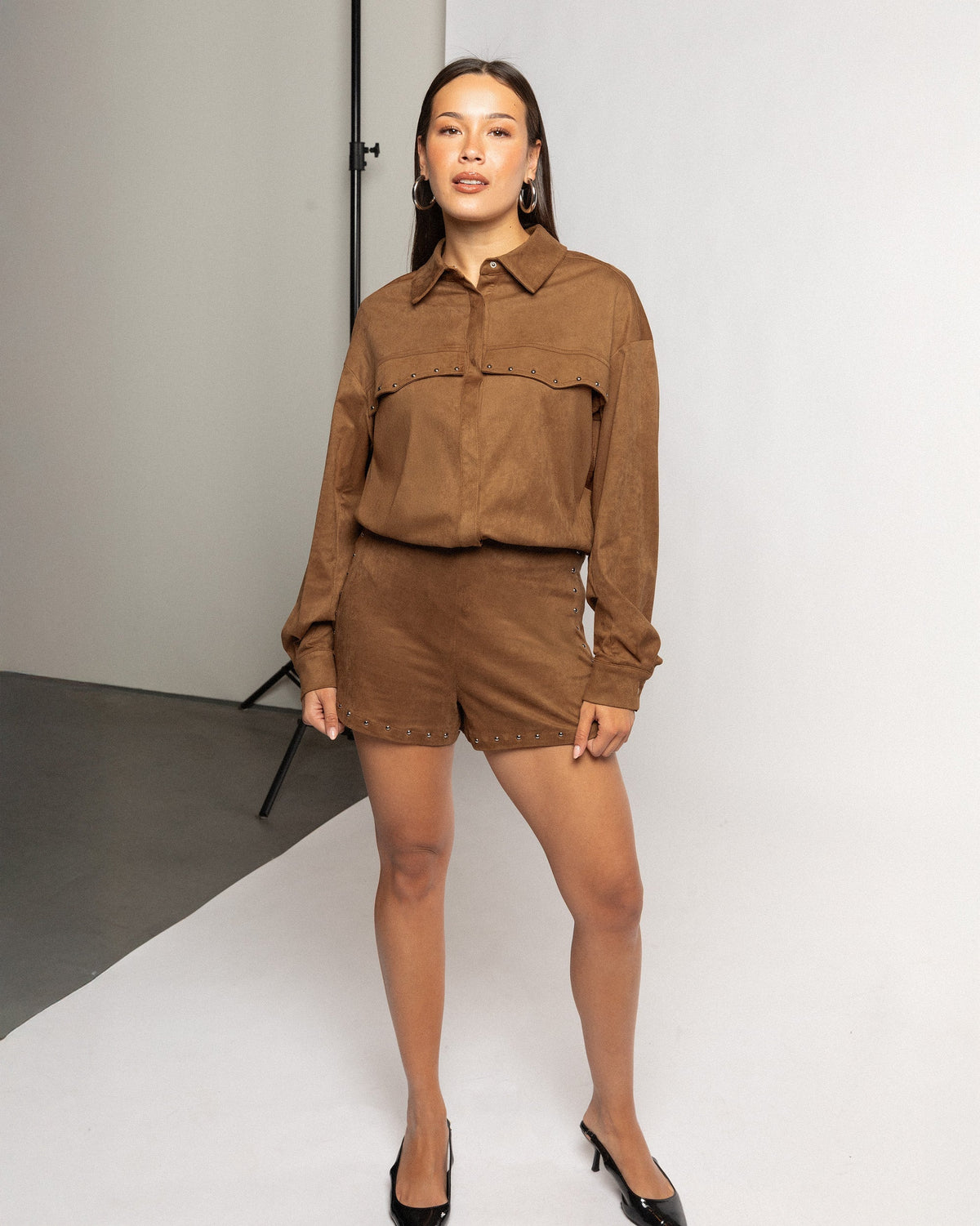 ROWAN SUEDE STUD BLOUSE CAMEL