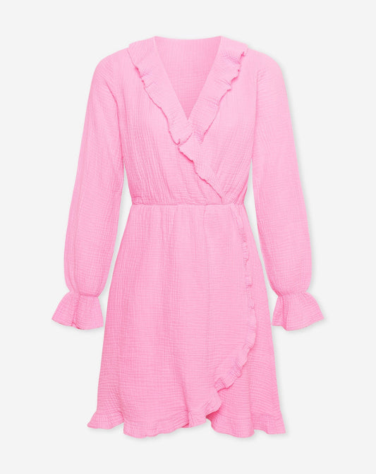 MOUSSELINE RUFFLE V-NECK WRAP DRESS HARD ROZE