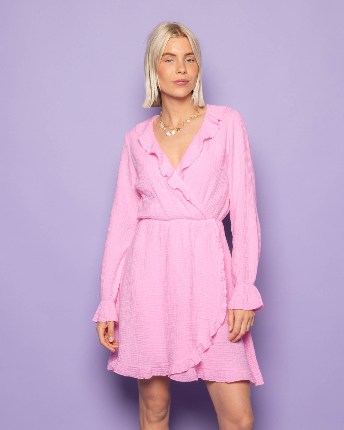 MOUSSELINE RUFFLE V-NECK WRAP DRESS HARD ROZE