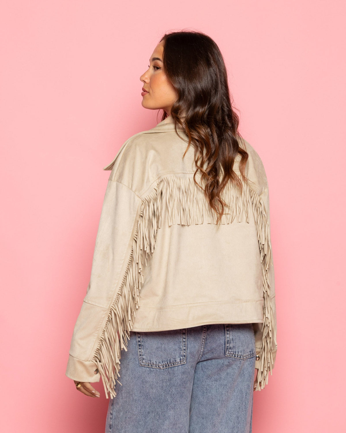 FAUX SUEDE FRINGE JACKET BEIGE