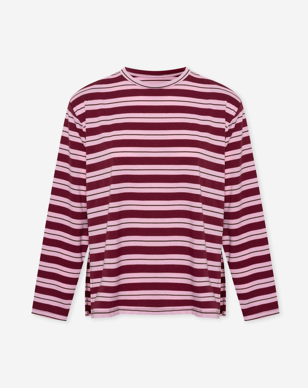 STRIPE PADDED SHOULDER LONG SLEEVE TEE BURGUNDY
