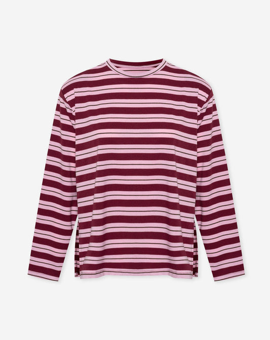 STRIPE PADDED SHOULDER LONG SLEEVE TEE BURGUNDY